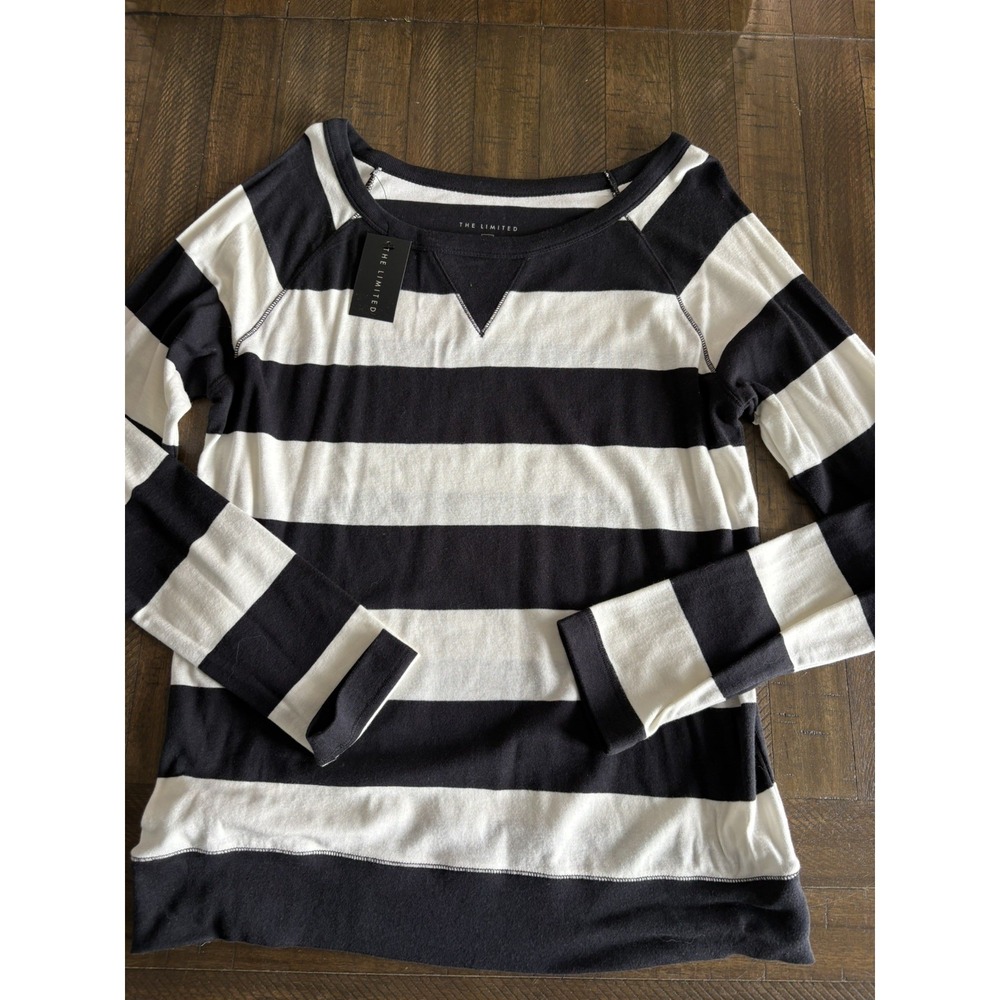 NWT The Limited Women's Black White Striped Pullover Boatneck Top Henley New BAO
